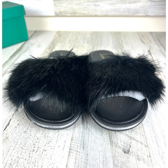 Lauren Lorraine Womens 10/11 Black Faux Fur Slip-On Slipper Slides Sadndal NEW - Picture 2 of 8